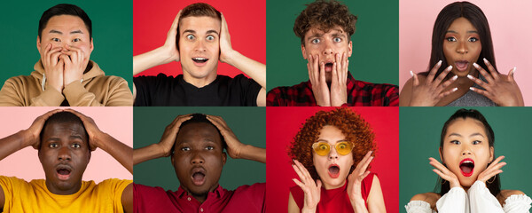 Collage of surprised people on isolated over colored background. Facial expressions concept. Close-up