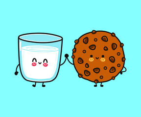 Cute, funny happy glass of milk and  chocolate cookies character. Vector kawaii line cartoon style illustration. Funny cartoon glass of milk and chocolate chip cookies friends concept