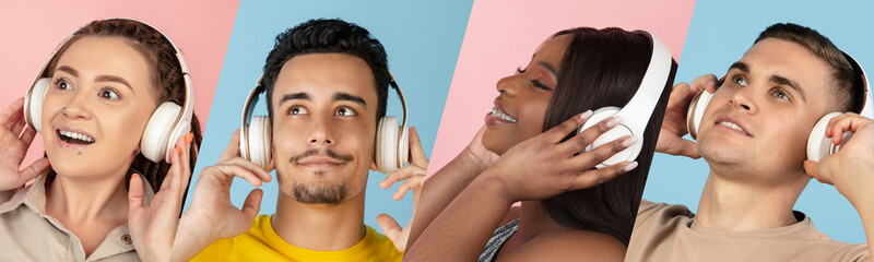 Portraits of different models on multicolored background. Flyer, collage made of models. Concept of human emotions, facial expression, sales, advertising.