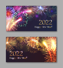 Happy New Year card with sparkling confetti flying. 2022 Merry Christmas horizontal banners with multi colored fireworks set. Invitation, calendar, poster design realistic vector illustration