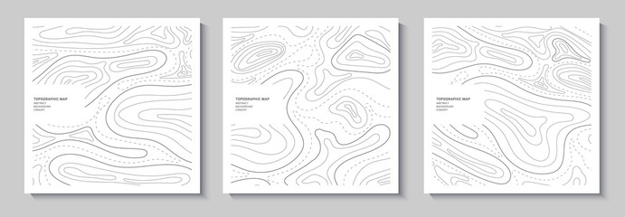Set of topography flyers. Outline cartography landscape. Collection of three banners with topography relief map. Modern cover design with wavy lines. Vector illustration with weather outline pattern - obrazy, fototapety, plakaty