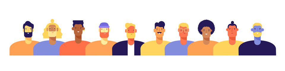 Fototapeta premium Group of men of different nationalities and cultures, skin colors and hairstyles. Society or population, social diversity. Cartoon characters. Vector illustration in flat design, isolated on white