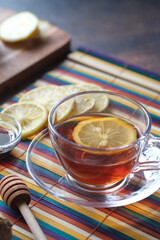  lemon tea and honey on wooden background.