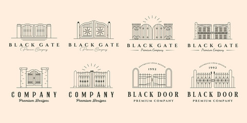 set of vector black gates line art logo symbol illustration design, vintage gate logo design - obrazy, fototapety, plakaty
