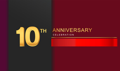 Obraz premium 10th years anniversary celebration logotype golden color with red ribbon elegant design for anniversary celebration, invitation card, and greeting card.