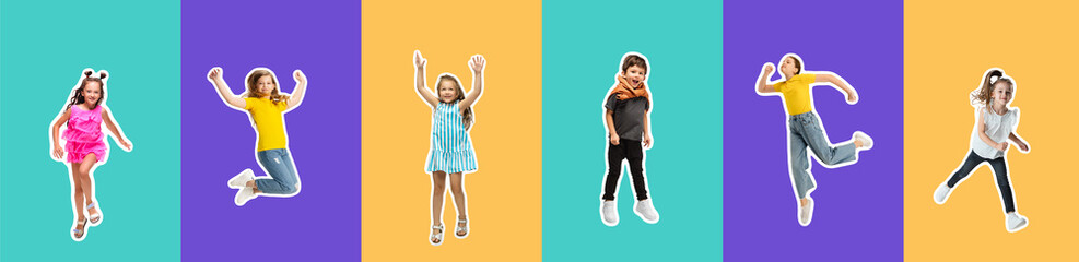 Art collage made of portraits of little and happy kids isolated on color studio background. Human emotions, facial expression concept