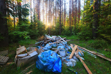 forest garbage dump ecology concept, pollution nature protection of forest from garbage