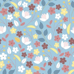 Hand drawn seamless pattern with decorative flowers and plants on a blue background. Vector illustration