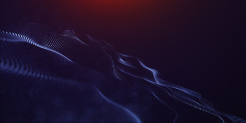 Abstract colorful digital particles wave with bokeh and light background, 3d render wave line dot background, line wave light glowing effect particular. Digital technology particular background.