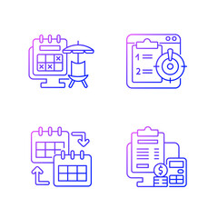 Remote work trackers gradient linear vector icons set. Vacation leave for employee marked on calendar. Thin line contour symbols bundle. Isolated vector outline illustrations collection