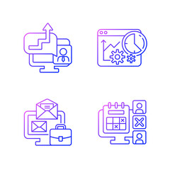 Work trackers gradient linear vector icons set. Time management strategy. Business monitoring tools. Thin line contour symbols bundle. Isolated vector outline illustrations collection