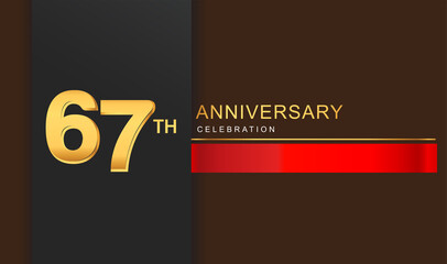 67th years anniversary celebration logotype golden color with red ribbon elegant design for anniversary celebration, invitation card, and greeting card.