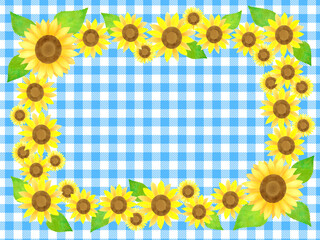 水色チェックの背景素材に白い丸フレームとひまわりのモチーフ シェパードチェック 小弁慶格子 Wall Mural 黒蜜きなこ