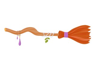 Broom for a witch with decorations. Halloween costume item. Decor element. Vector illustration isolated on white background.