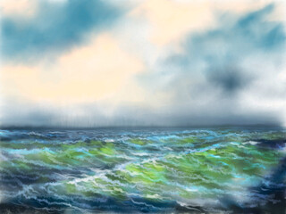 Digital watercolor paintings landscape, storm over the sea