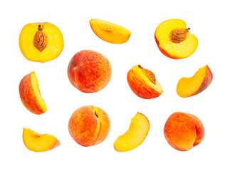 Fresh ripe juicy peaches isolated on white background. Whole and halved peaches with pits, set of different peaches. Summer fruit, organic vegan healthy food. Harvest concept