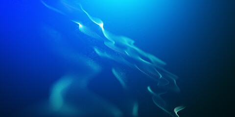 Abstract colorful digital particles wave with bokeh and light background, 3d render wave line dot background, line wave light glowing effect particular. Digital technology particular background.