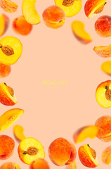 Flying fresh ripe juicy peaches on pink background. Whole and halved peaches with pits, slice. Summer fruit pattern, organic vegan healthy food. Harvest concept. Creative composition with peaches
