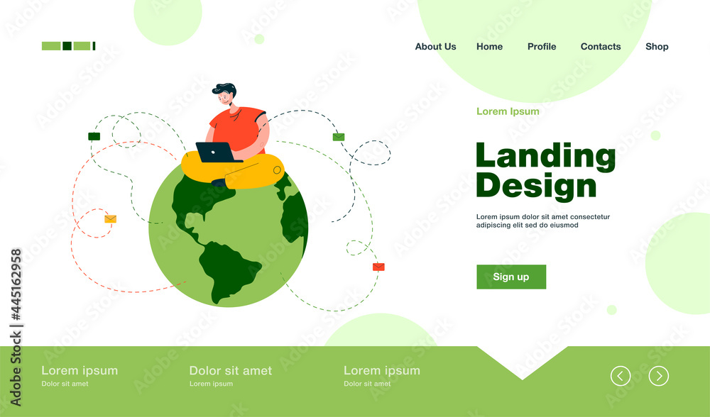 Wall mural man sitting on globe and sending emails. male character with laptop writing letters flat vector illu