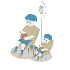 キャンプ場で親子が並んで椅子に座り読書を楽しむ様子のアイソメ