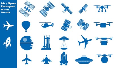 Transports aériens et spatiales en 20 icônes bleus, collection