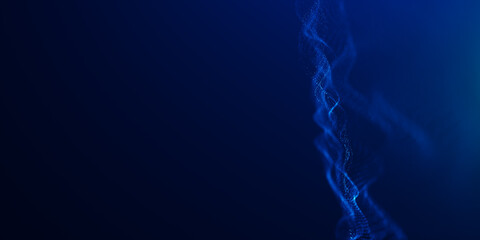 Abstract colorful digital particles wave with bokeh and light background, 3d render wave line dot background, line wave light glowing effect particular. Digital technology particular background.