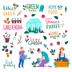 Cartoon Color Gardening Icon and Letterings Set. Vector