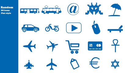 Symboles divers (transport, religion, commerce, informatique) en 20 icônes bleus, collection