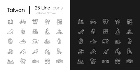 Taiwan linear icons set for dark and light mode. Taiwanese traditional national items. Ethnic heritage. Customizable thin line symbols. Isolated vector outline illustrations. Editable stroke