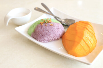 ripe mango and sticky rice with coconut milk, Thai dessert.