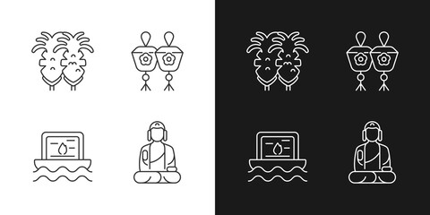 Taiwanese culture linear icons set for dark and light mode. Fried squid. Shan Buddha Museum. Religious ceremony. Customizable thin line symbols. Isolated vector outline illustrations. Editable stroke