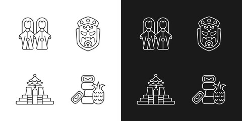 Asian ceremonial white linear icons set for dark theme. Taiwanese theatre. Oriental entertainment props. Customizable thin line symbols. Isolated vector outline illustrations. Editable stroke