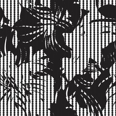 Black and White Floral Seamless Pattern with striped Background