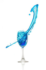 Wine glass on white background whit a blue water splash.