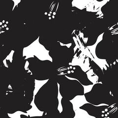 Black and White Floral Brush strokes Seamless Pattern Background
