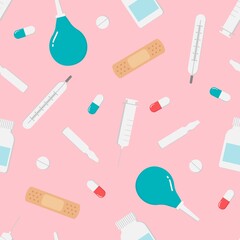 Health care and medicine elements set in cartoon style. Vector illustration on pink background.