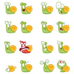 Funny snail emoticons set. Collection of stickers with cartoon snails isolated on a white background. Vector illustration.