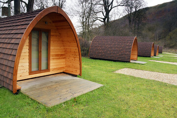 Camping pods in an empty rural camp site in the UK