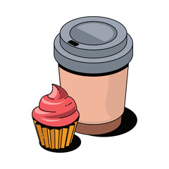 Coffee mug, muffin cake. Vector 3d sketch line isometric, color icon illustration, flat style. Creative design idea and elements for infographics and website.