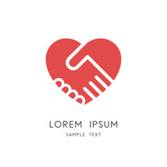 Handshake and heart logo - shake hands and love or relationship symbol. Business partnership and teamwork, collaboration and cooperation vector icon.