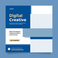 Obraz premium Trendy blue and clean creative agency design social media post and banner template promotion. Creative idea digital marketing agency, square flyer template, editable web banner post template