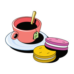 Cup of tea, round cakes. Vector 3d sketch line isometric, color icon illustration, flat style. Creative design idea and elements for infographics and website.