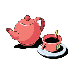 Teapot, cup of tea. Vector 3d sketch line isometric, color icon illustration, flat style. Creative design idea and elements for infographics and website.