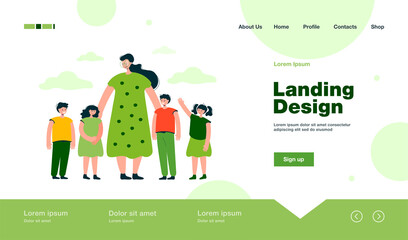 Female teacher and kids walking outdoors. Woman watching group of school children on grass. Vector illustration for pedagogy, education, daycare concept