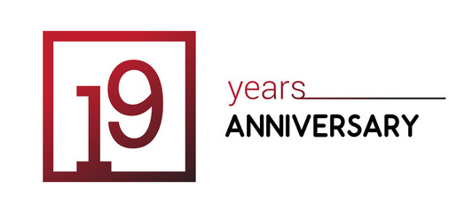 19th years anniversary design logotype with red color in square isolated on white background for anniversary celebration