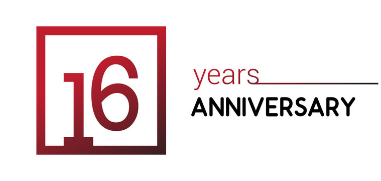 16th years anniversary design logotype with red color in square isolated on white background for anniversary celebration