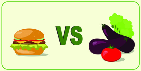 Cartoon burger and fresh vegetables. Choose foods that are beneficial to the body. Concept of healthy food.