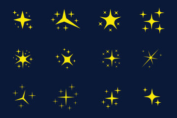 Yellow, gold sparkling stars, shiny sparks, glitter light star and sparkle elements, stars icon.