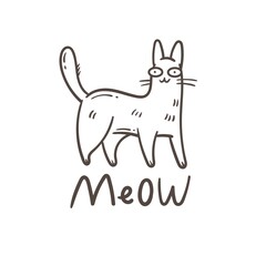Card with  cute cartoon meow cat.  Funny doodle kitten. Vector contour image. Playful animal print.