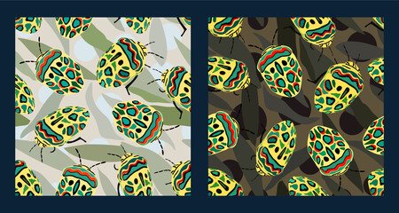 Vector collection of seamless patterns with picasso bugs and leaves. - obrazy, fototapety, plakaty